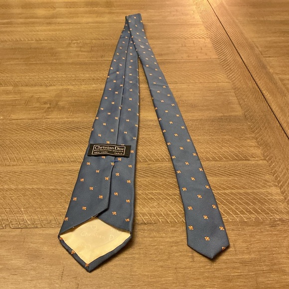 Vintage Christian Dior Logo Tie Blue & Floral Diamond Pattern - Picture 4 of 7